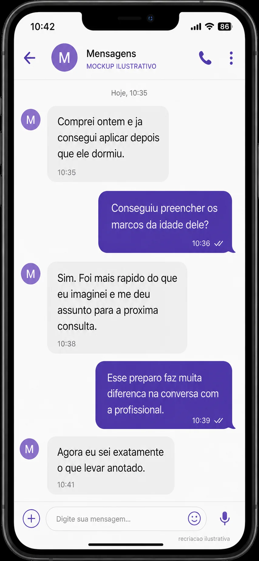 Mockup ilustrativo de conversa com depoimento