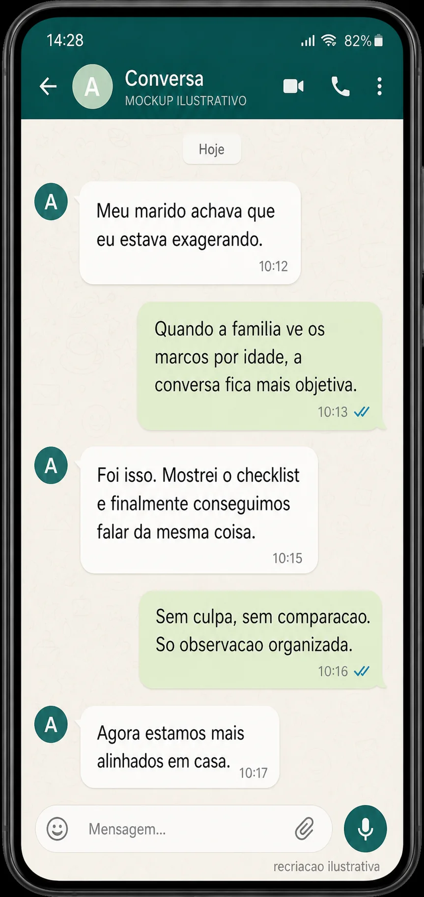 Mockup ilustrativo de conversa com depoimento