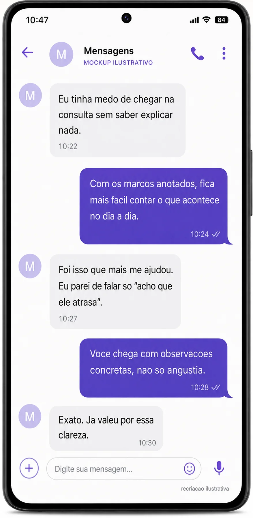 Mockup ilustrativo de conversa com depoimento
