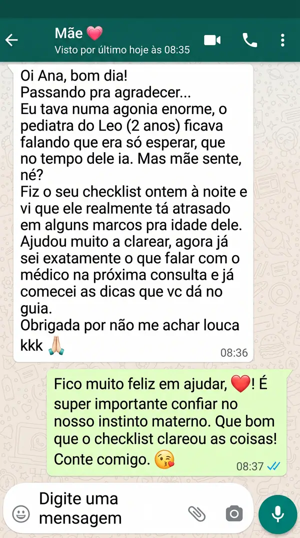 Mockup ilustrativo de depoimento em conversa no WhatsApp