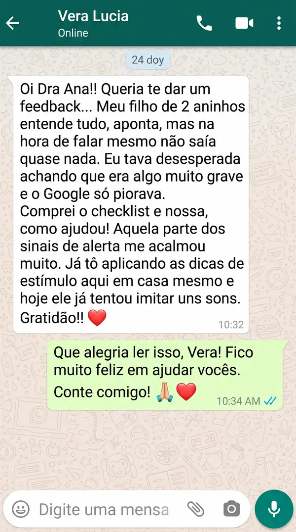 Mockup ilustrativo de depoimento em conversa no WhatsApp