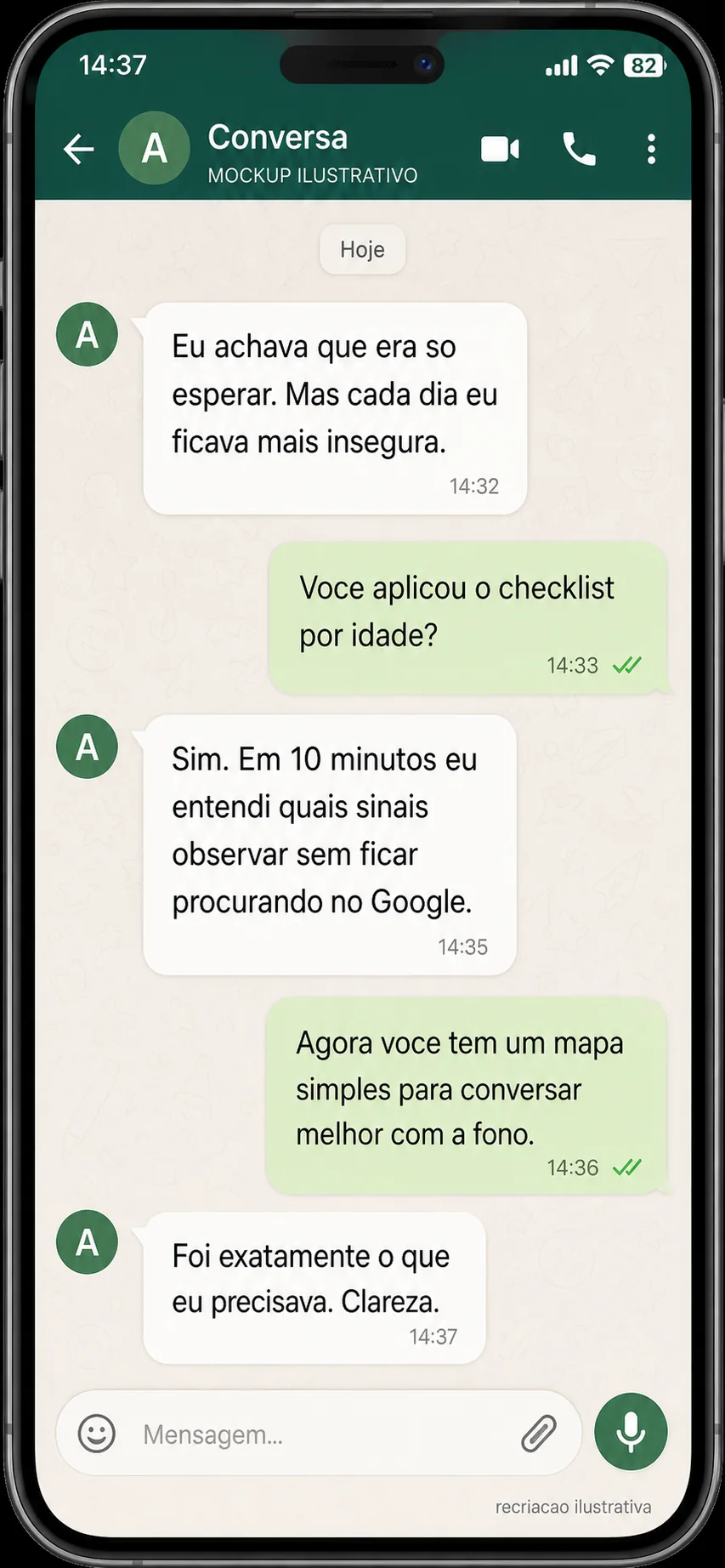 Mockup ilustrativo de conversa com depoimento