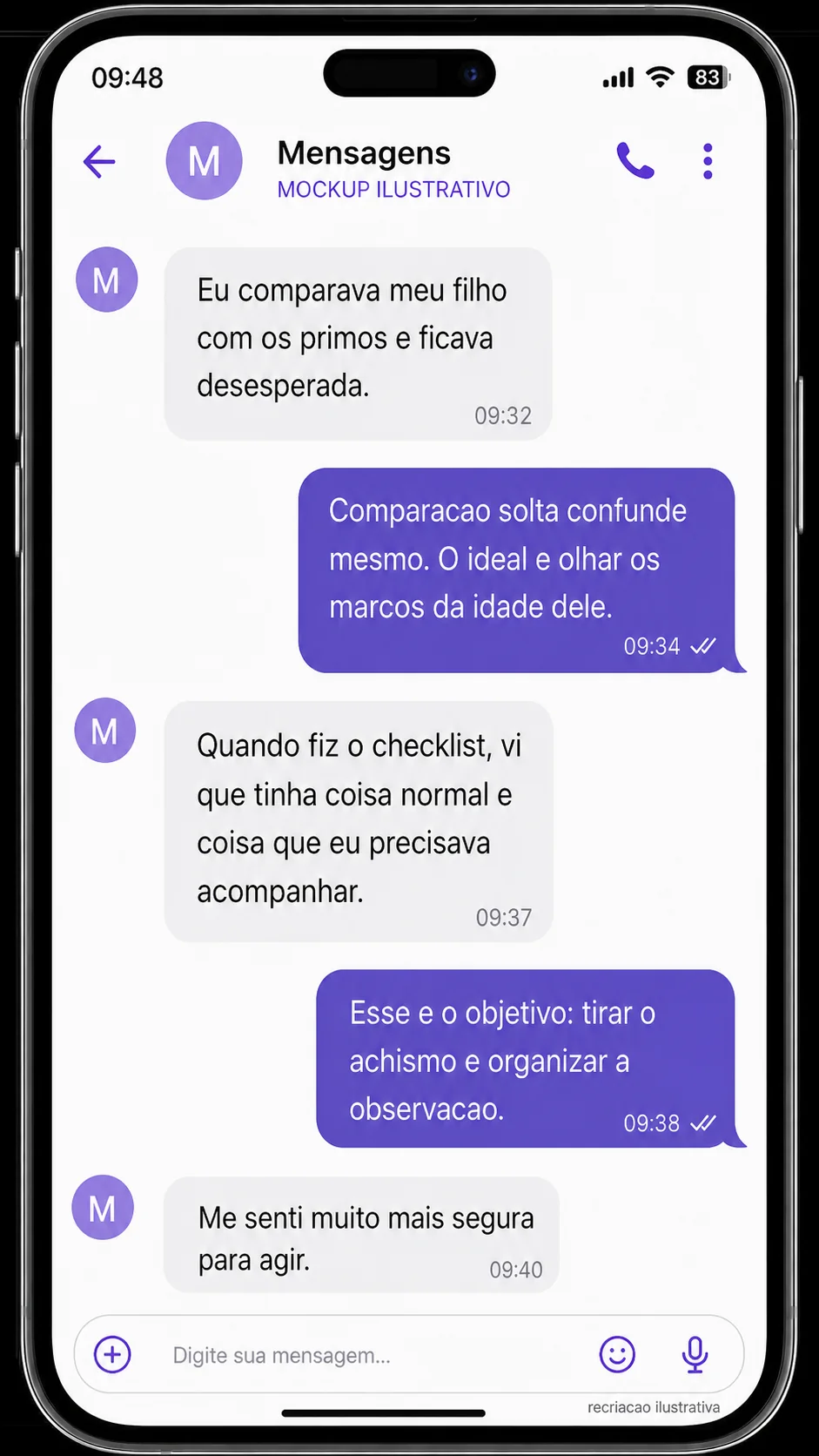 Mockup ilustrativo de conversa com depoimento