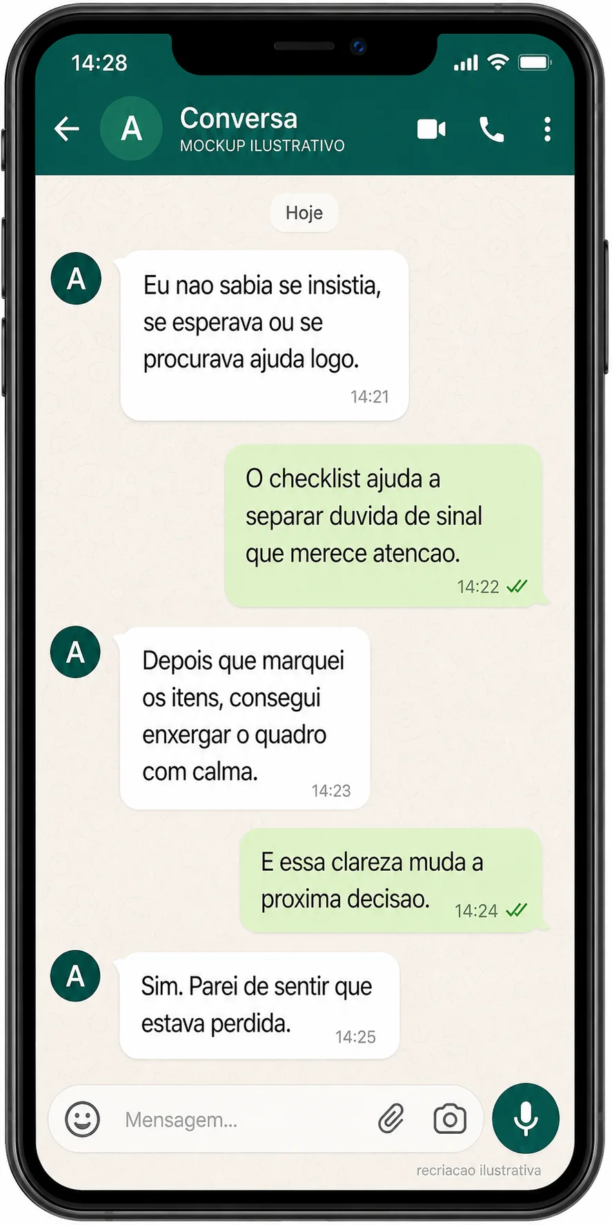 Mockup ilustrativo de conversa com depoimento