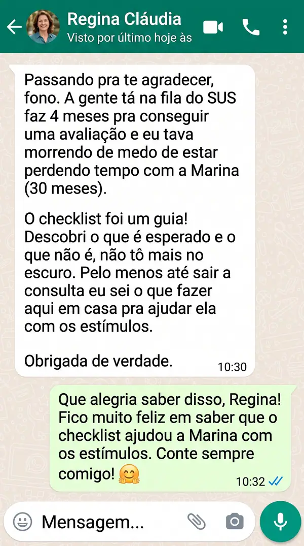 Mockup ilustrativo de depoimento em conversa no WhatsApp