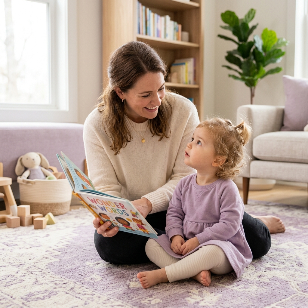Mae lendo com seu filho sobre desenvolvimento da fala
